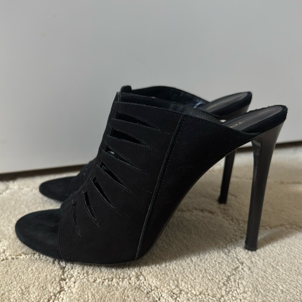 Auth Tamara Mellon / Jimmy Choo Black Suede Heeled Mules 38 1/2 Italy